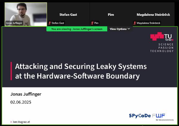 A Zoom presentation screen showing Jonas Juffinger (TU Graz) speaking. The slide displays the participants' names at the top. The center shows the presentation title, author, date, and the TU Graz logo. The bottom includes the URL isec.tugraz.at, along with the FWF and SPyCoDe logos.