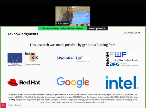 Screenshot of an acknowledgments slide from a SpyCoDe seminar, shown during a hybrid presentation with the speaker visible on screen Screenshot of an acknowledgments slide from a SpyCoDe seminar, shown during a hybrid presentation with the speaker visible on screen
